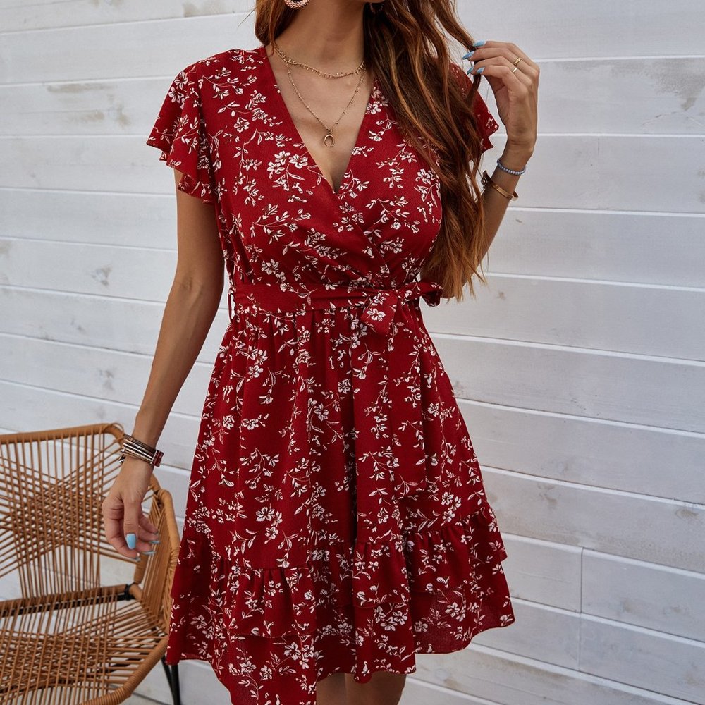 New Ditsy Floral Wrap Belted A-line Dress Burgundy Red